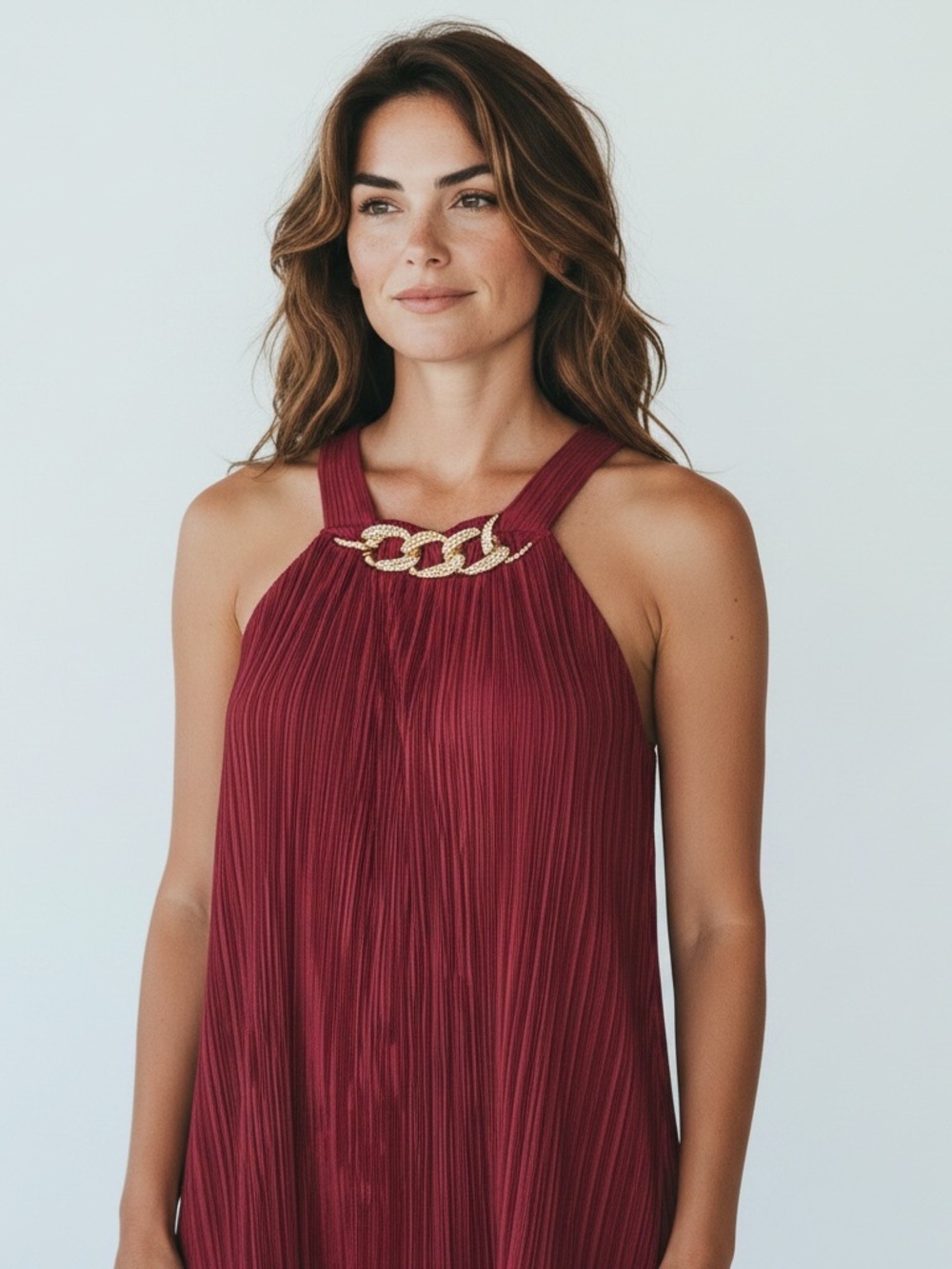 Sleeveless Pleated Burgundy Halter Top with Gold Chain Detail